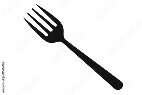 A sleek black fork with three tines diagonally against a simple white backdrop