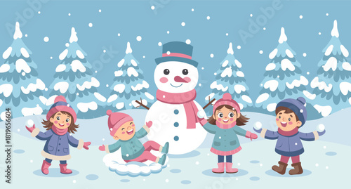 Happy children playing with snowman in winter forest. Christmas and New Year illustration.