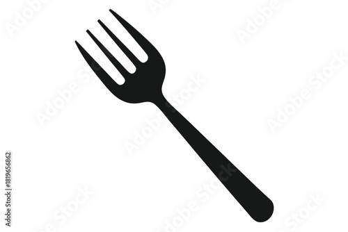 A simple black fork is placed diagonally over a bright white transparent background