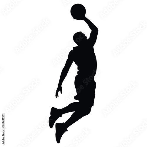 Basketball Player Jumping and Dunking Silhouette Vector Illustration – Dynamic Sports Athlete in Air, Power Slam Dunk Motion Design for Team Game, Strength, Energy, and Athletic Performance