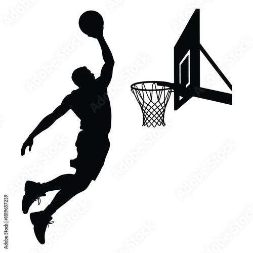 Basketball Player Dunking Silhouette Vector Illustration – Dynamic Sports Athlete Jumping Toward Hoop, Slam Dunk Action Design for Team Game, Athletic Performance, Power, and Energy Concept