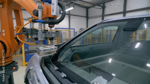 continuous dolly forward shot as a robot picks up a windshield with suction cups and place it video