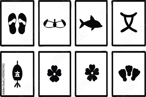 Captivating collection of summer vacation icons representing leisure, travel, and relaxation for posters, japanese culture websites, and social media content, evoking feelings of joy and freedom