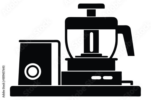 A solid black silhouette shows a food processor with a side power unit