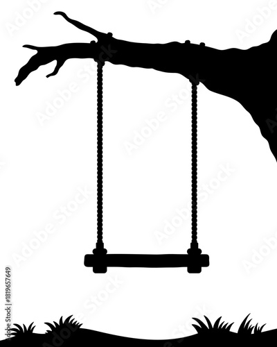 A swing hanging on a tree branch. Black silhouette. Front and side view. Vector simple flat graphic illustration. Isolated object on a white background.