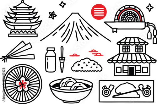  Discover the beauty of Japan with this minimalist outline art, featuring iconic symbols of Japanese culture and traditions - perfect for modern designs and cultural projects
