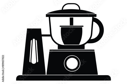 Isolated food processor shows kitchen appliance with blending container and handle on white