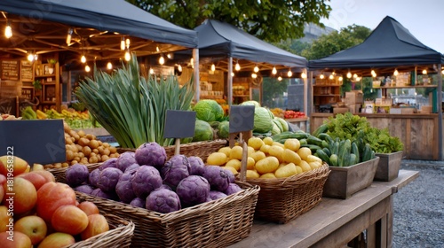 Farmers market outdoor stall selling fresh organic produce