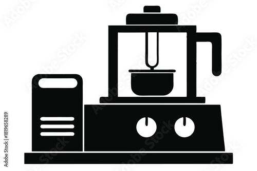 A kitchen food processor and attachment icon with two control knobs shown in black