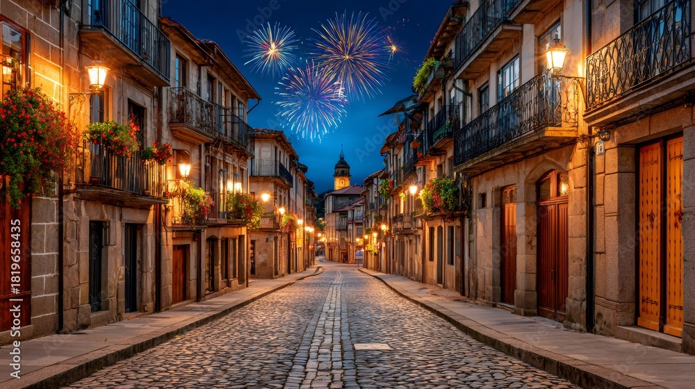 Obraz premium Night fireworks over an old european cobblestone street