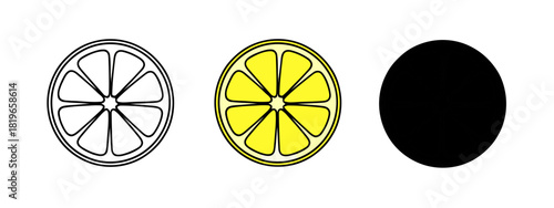 Graphic rendition of cut lemon in monochrome, colored and filled black on white