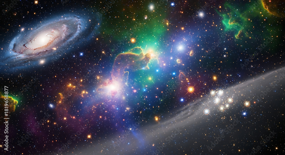 Fototapeta premium Expansive cosmic scene with spiral galaxy, colorful nebulae and star clusters space stars