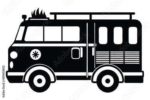 Bold monochrome fire engine displays stylized flames, a vintage design, and circular elements
