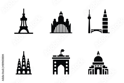 Collection of iconic landmark silhouettes representing global travel destinations