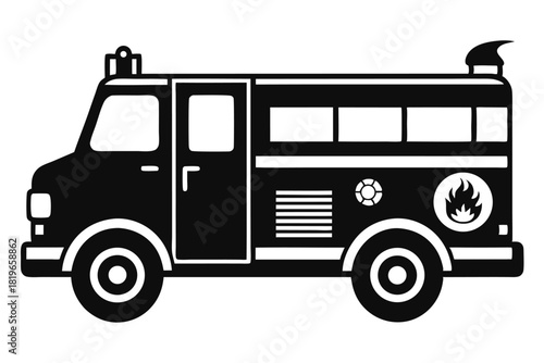 Black fire truck clip art shows extinguisher with flame logo on the side