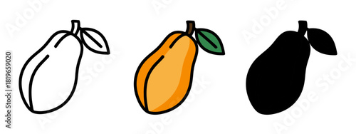 Three Mango Fruit Representations Line Drawing Color and Silhouette on White