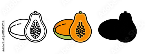 Papaya Cut Open with Whole Fruit in Outline, Color, and Silhouette Graphic