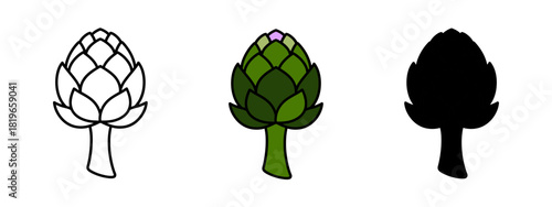 Artichoke Drawings in Color, Line Art, and Silhouette Variations on White