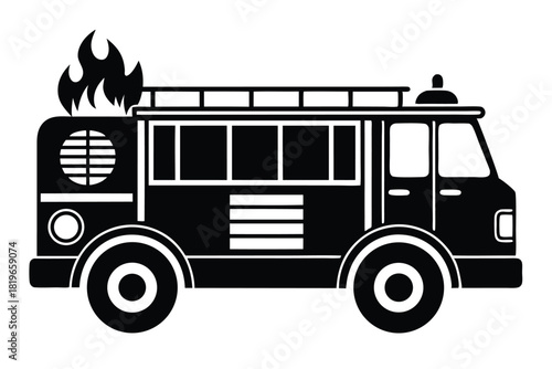 Black fire engine shows flames near its rear on a white background