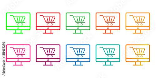 Modern Online Shopping Icons on Computer Monitors in Various Colors - E-commerce and Digital Retail Concept