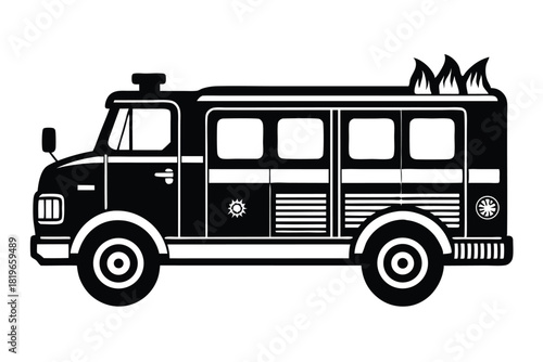 Black firetruck silhouette displays flames, lights, and striped detail on a white background