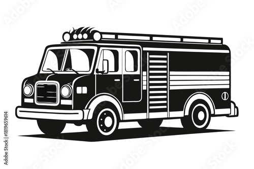 Black and white fire truck stands ready with lights atop in form
