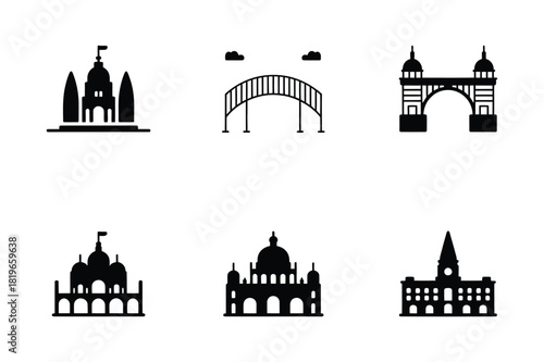 Collection of black silhouette icons representing famous architectural landmarks and buildings