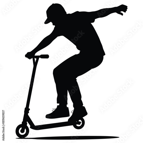 Freestyle Scooter Rider Jumping Silhouette Vector Illustration – Extreme Sports Athlete Performing Trick in Motion, Urban Action Artwork for Adventure, Balance, and Stunt Concept
