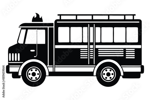 Black outline illustration reveals fire truck, including roof rack and tire details
