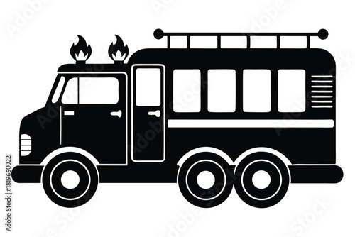 Black and white shows fire engine silhouette with flames on its roof