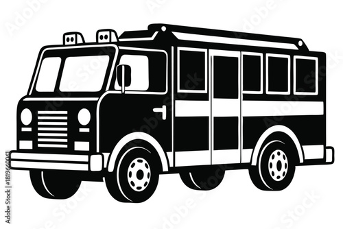 Bold monochrome transport showcases a black and white truck with rounded features and square windows