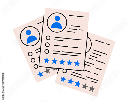 Hand drawn cute illustration vacancy resume with rating stars. Flat vector candidate cv doodle. Company employee hiring. Office worker interview icon. Job search. Human resource recruitment. Isolated.