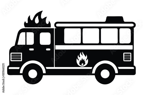 Black fire truck silhouette features flames above and on the vehicle's side body