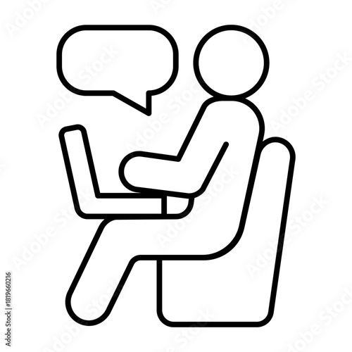 Person with laptop thin line icon, work from home concept, worker in chair, speech bubble vector sign on white background, outline style icon mobile concept web design. Vector graphics.