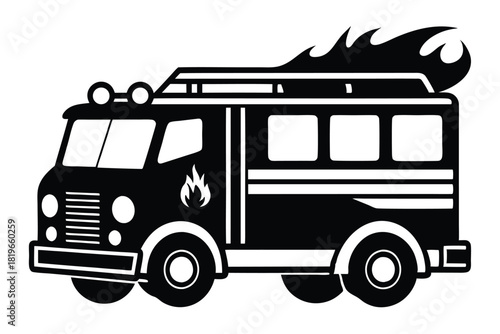 Black fire engine silhouette showing flames rising above its roof is visually striking