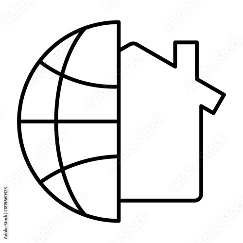 Half globe, house with chimney thin line icon, work from home concept, remote job vector sign on white background, outline style icon mobile concept web design. Vector graphics.