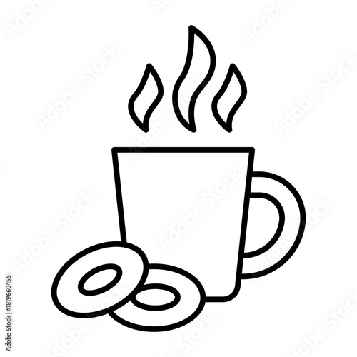 Mug of tea and bagel thin line icon, coffee break concept, hot mug and gingerbread vector sign on white background, outline style icon mobile concept web design. Vector graphics.