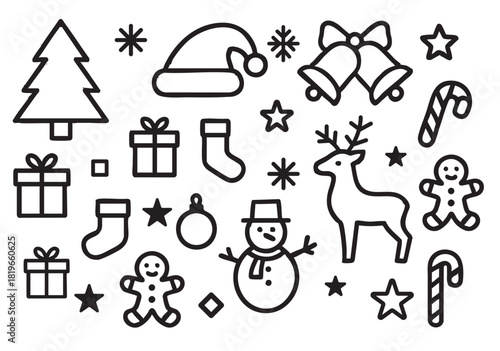 Cute Christmas Line Art Characters Santa, Snowman, Reindeer, Elf, and Penguin Vector Set