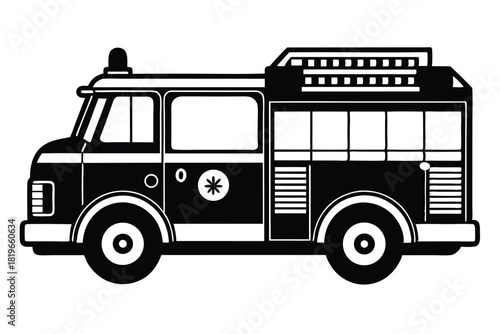 Black and white silhouette shows a fire engine with ladder on top and designs