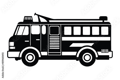 A black fire engine shows bold outlines and prominent shapes in stark monochrome presentation