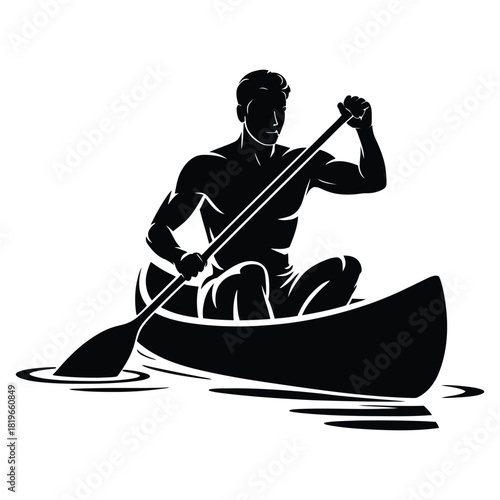 Canoeist Paddling Silhouette Vector Illustration – Athletic Man Rowing in Canoe on Water, Adventure Sports Artwork Representing Strength, Balance, Endurance, and Outdoor Recreation Concept