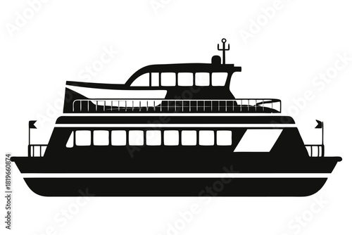 An isolated black boat displays a classic, maritime style, showing a clear and nautical theme