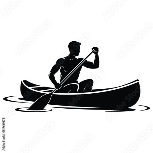 Canoeist Paddling on Water Silhouette Vector Illustration – Athletic Man Rowing Canoe, Outdoor Adventure Sports Artwork Representing Strength, Endurance, Balance, and Freedom Concept