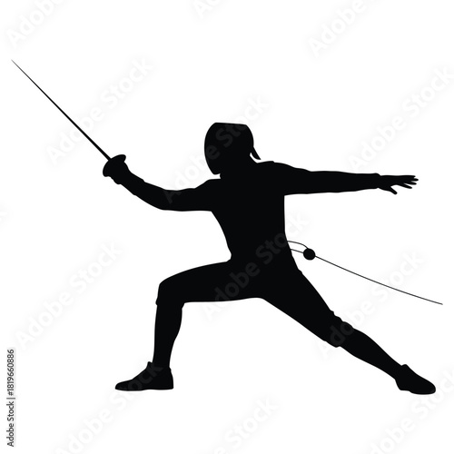 Fencer in Action Silhouette Vector Illustration – Professional Athlete with Sword Performing Attack Pose, Fencing Sports Artwork Representing Precision, Speed, and Competitive Spirit