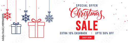 Christmas Sale banner with special offer text, cashback and discount percentages, and hanging red and blue snowflake ornaments and baubles. Ideal for seasonal marketing, holiday shopping, and web head