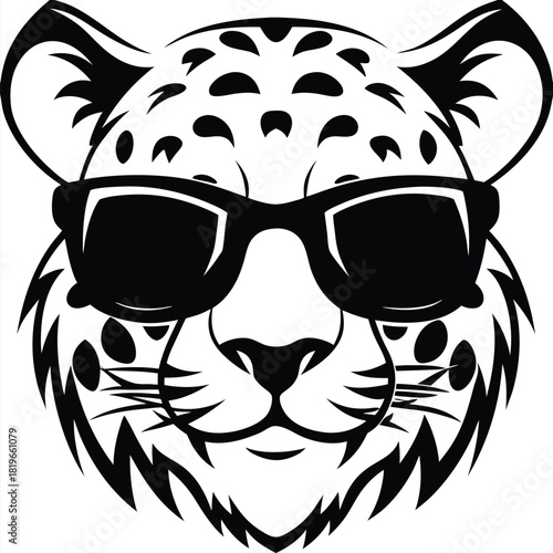 A monochrome jaguar is sporting sunglasses, rendered in a minimalist, sleek style