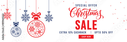 Christmas Sale banner with special offer text, cashback and discount percentages, and hanging red and blue snowflake ornaments and baubles. Ideal for seasonal marketing, holiday shopping, and web head