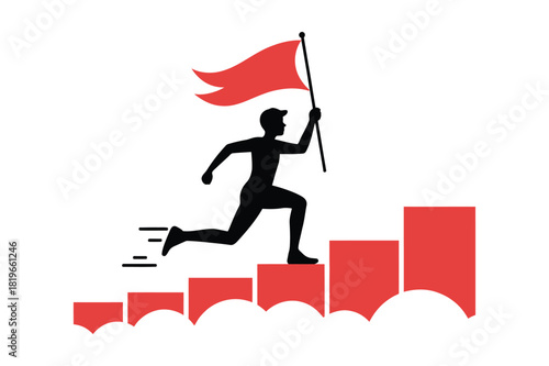 Silhouette of a determined person running up stairs holding a red flag symbolizing achievement