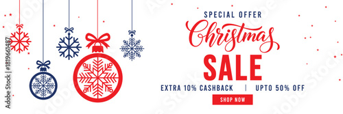 Christmas Sale banner with special offer text, cashback and discount percentages, and hanging red and blue snowflake ornaments and baubles. Ideal for seasonal marketing, holiday shopping, and web head