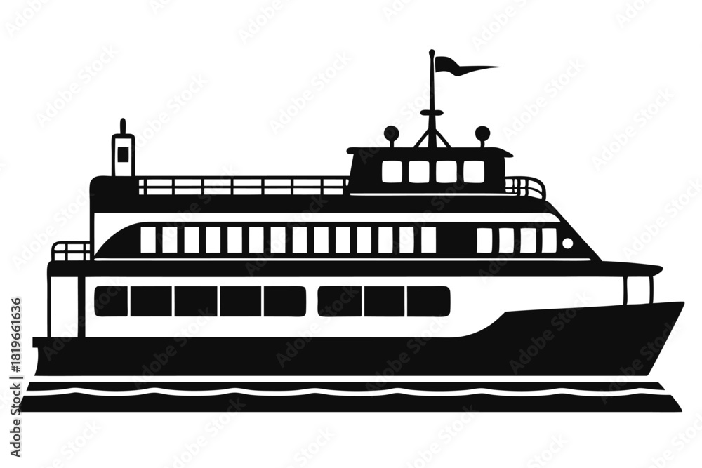 Obraz premium Black silhouette outlines a ferry boat cruising smoothly on water, creating a crisp, bold monochrome